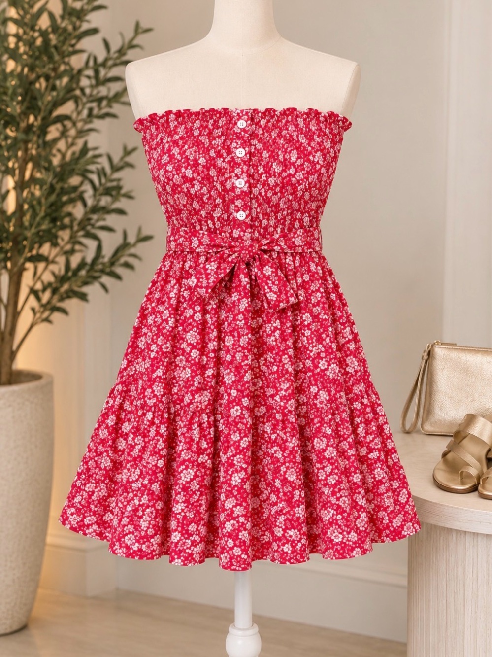 Ladies Red Floral Smocked Strapless Dress with Tie Waist